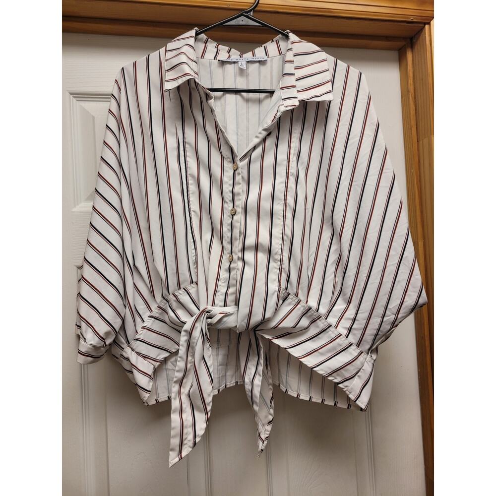 HYFVE Women’s Oversized Striped Tie Front Button Up Blouse Large